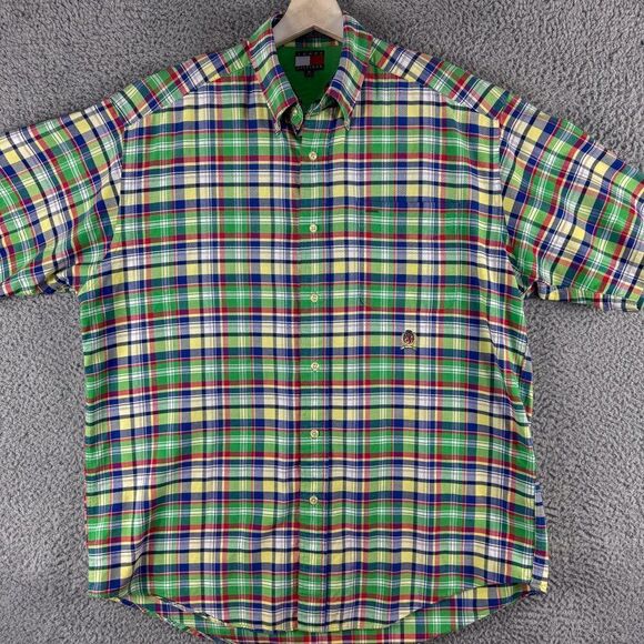 Vintage Tommy Hilfiger Shirt Mens Medium Green Plaid Crest 90s Y2K Camp Casual - Picture 2 of 13
